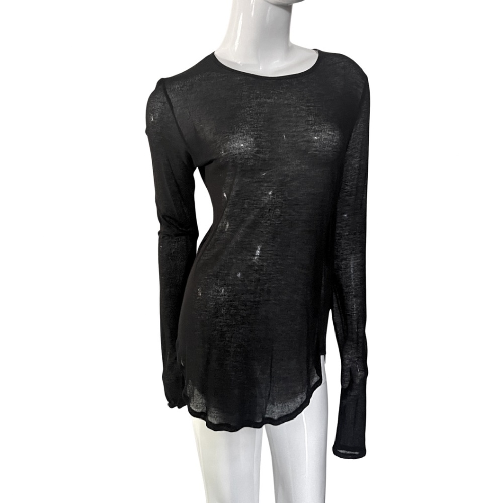 J Brand Sheer Black Long Sleeve Round Neck Top with Shirtail Hem - Medium
